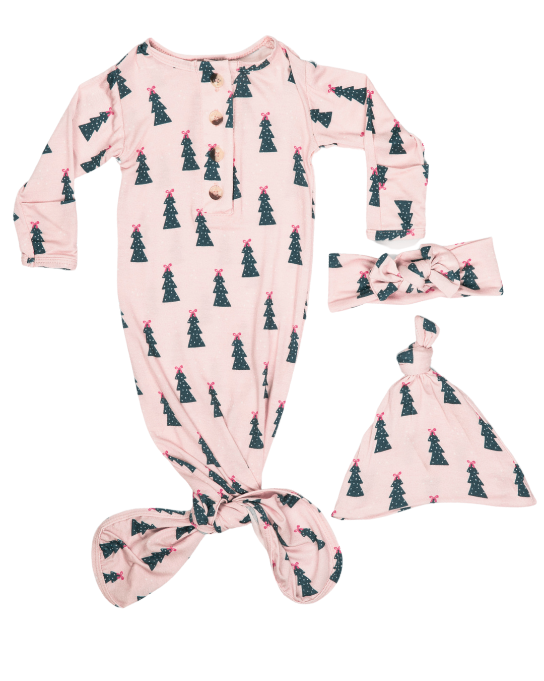 Newborn Knotted Baby Gown, Bow, Hat Set - Baby Clothes Girl