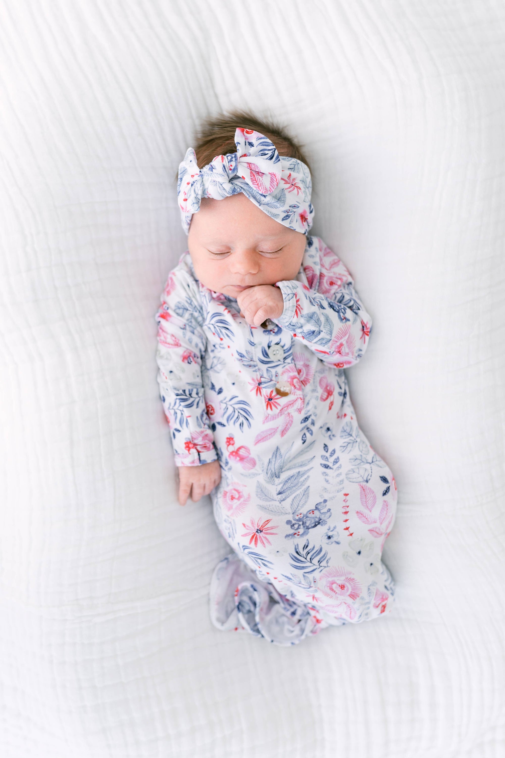 Newborn Knotted Baby Gown, Bow, Hat Set - Baby Clothes Girl