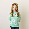 Kids Mint Teal Flower Crew Neck Fall Winter Sweater